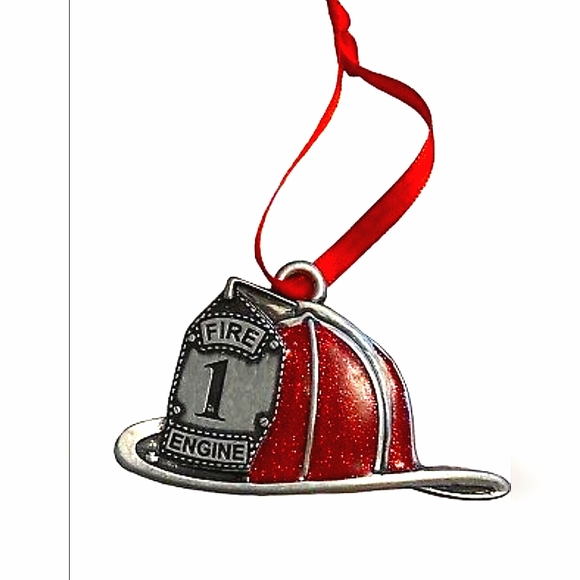 Christmas Tree Ornament Red Glitter/Pewter Trim Firefighter's Helmet Made In USA - Picture 4 of 9